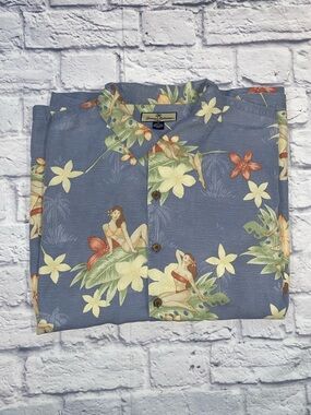 Tommy Bahama Blue Floral Hawaiian Button-Down Silk Shirt
